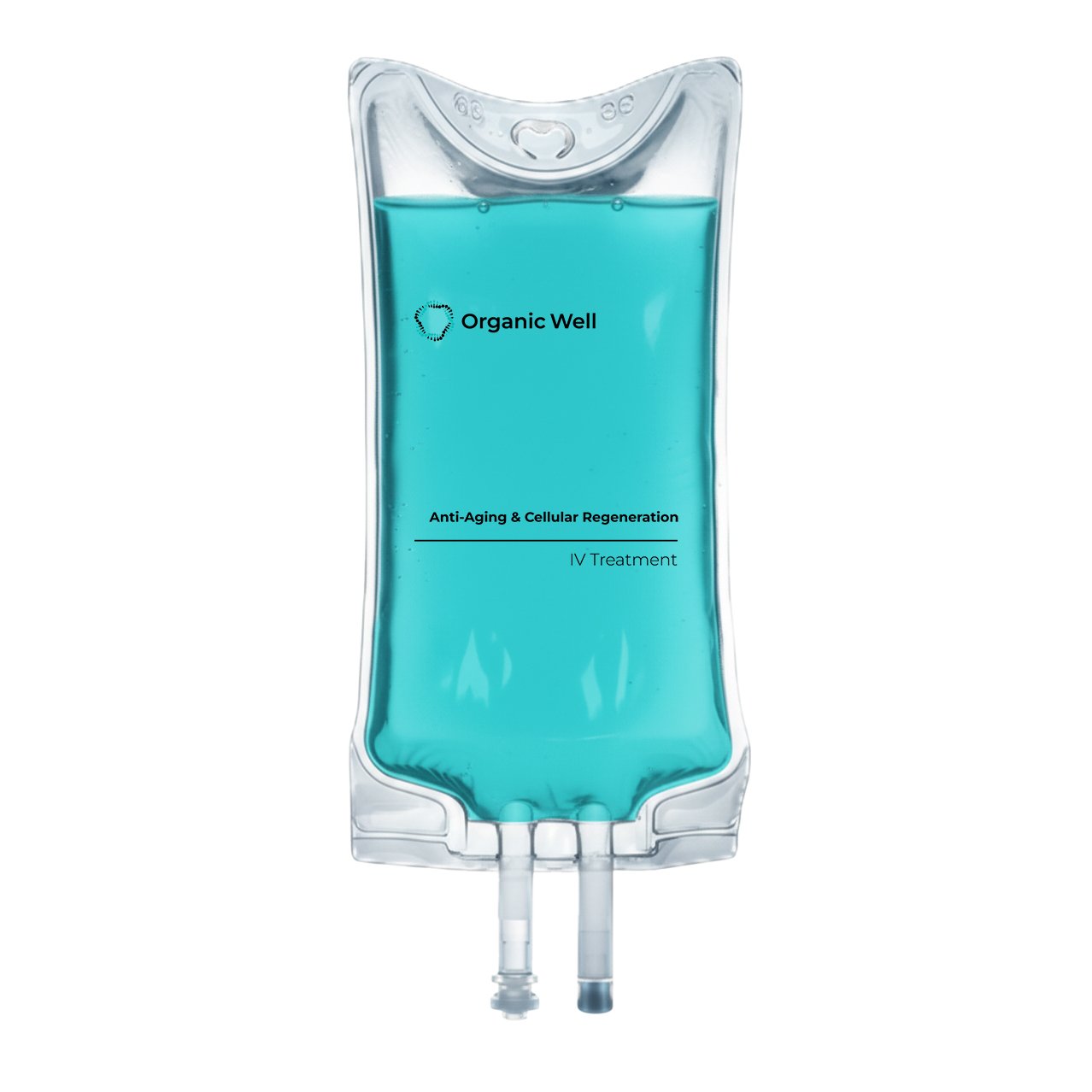 Organic Well Anti-Aging & Cellular Regeneration IV treatment bag with blue liquid, promoting youthfulness and cellular health.