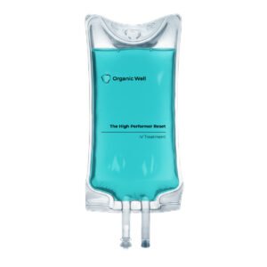 Organic Well High Performer Reset IV treatment bag with blue liquid, optimizing performance and recovery for active individuals.
