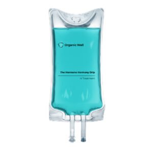 Organic Well Hormone Harmony Drip IV treatment bag with blue liquid, balancing hormones for overall well-being in clinic patients.