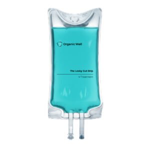 Organic Well Leaky Gut Drip IV treatment bag with blue liquid, supporting gut health and digestive wellness for patients.