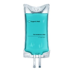 Organic Well Metabolux I Drip IV treatment bag with blue liquid, supporting metabolism and energy for clinic patients.