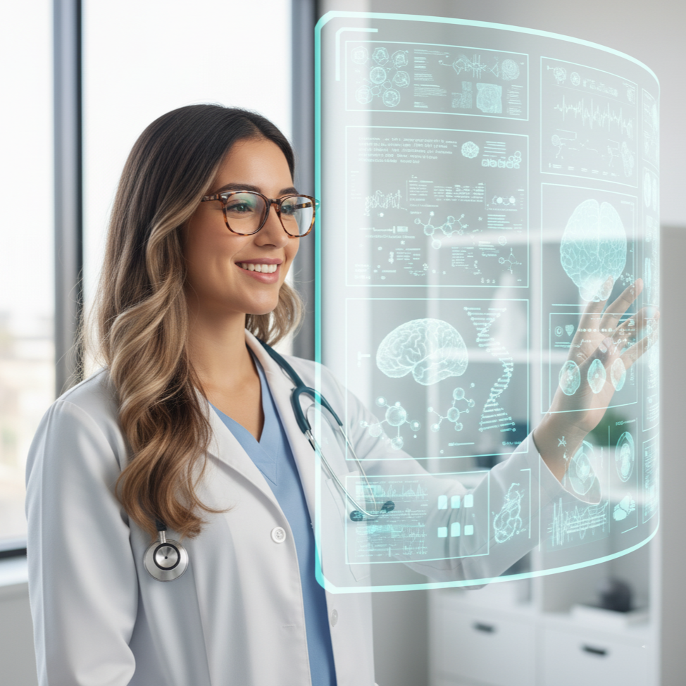 A smiling young female doctor with long balayage hair and glasses, wearing a lab coat and stethoscope, interacts with a transparent blue holographic screen displaying medical data and brain scans in a modern office