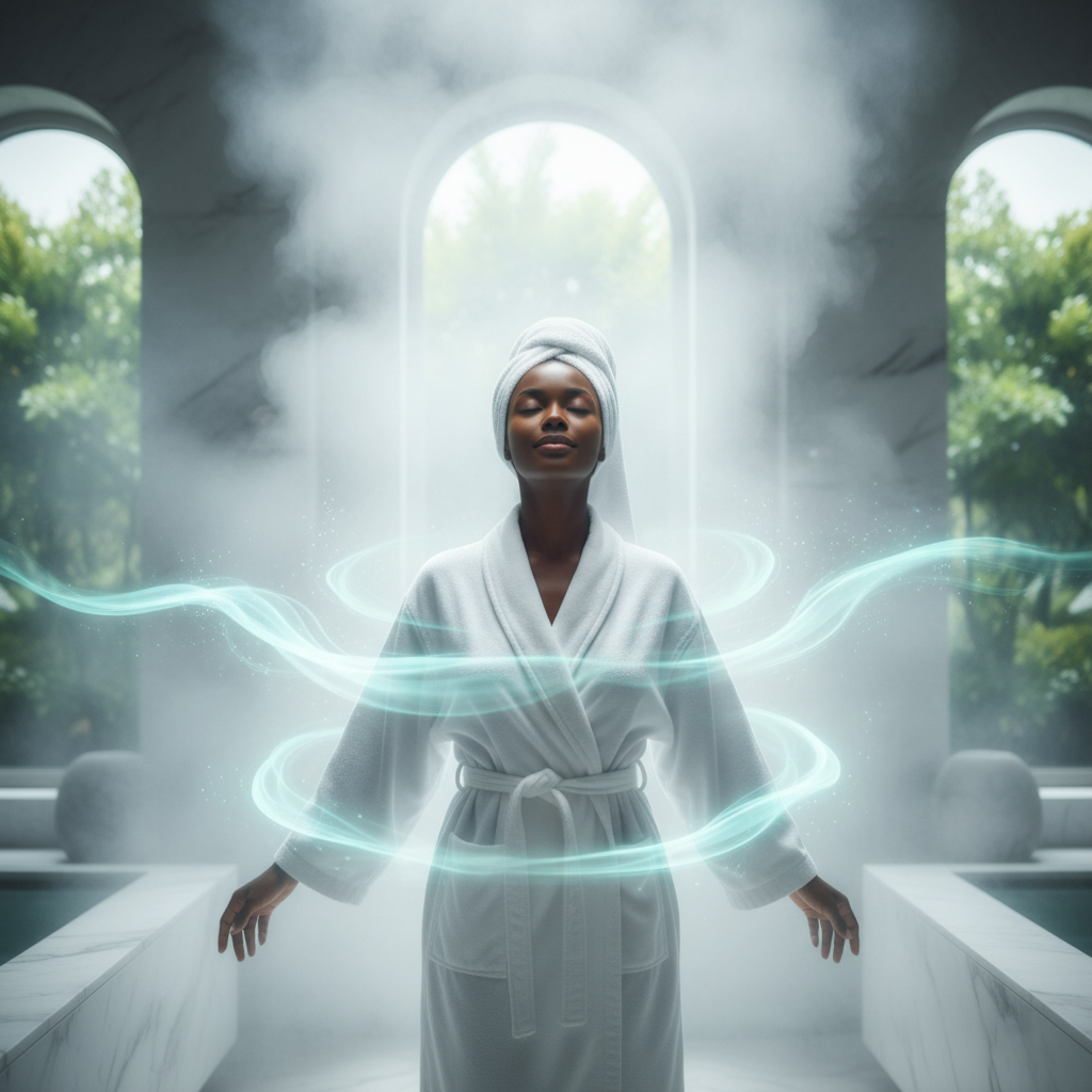 Woman wrapped in a towel meditating in a spa setting with flowing blue energy light