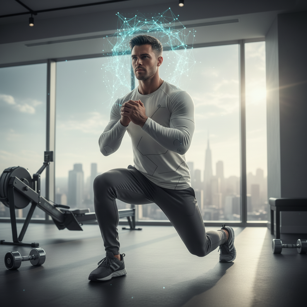 Muscular man doing a lunge in a modern gym with a glowing blue performance network over his head