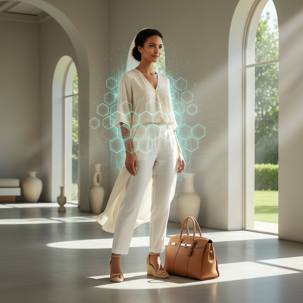 Elegant woman in flowing white outfit with a glowing hexagonal immune shield overlay