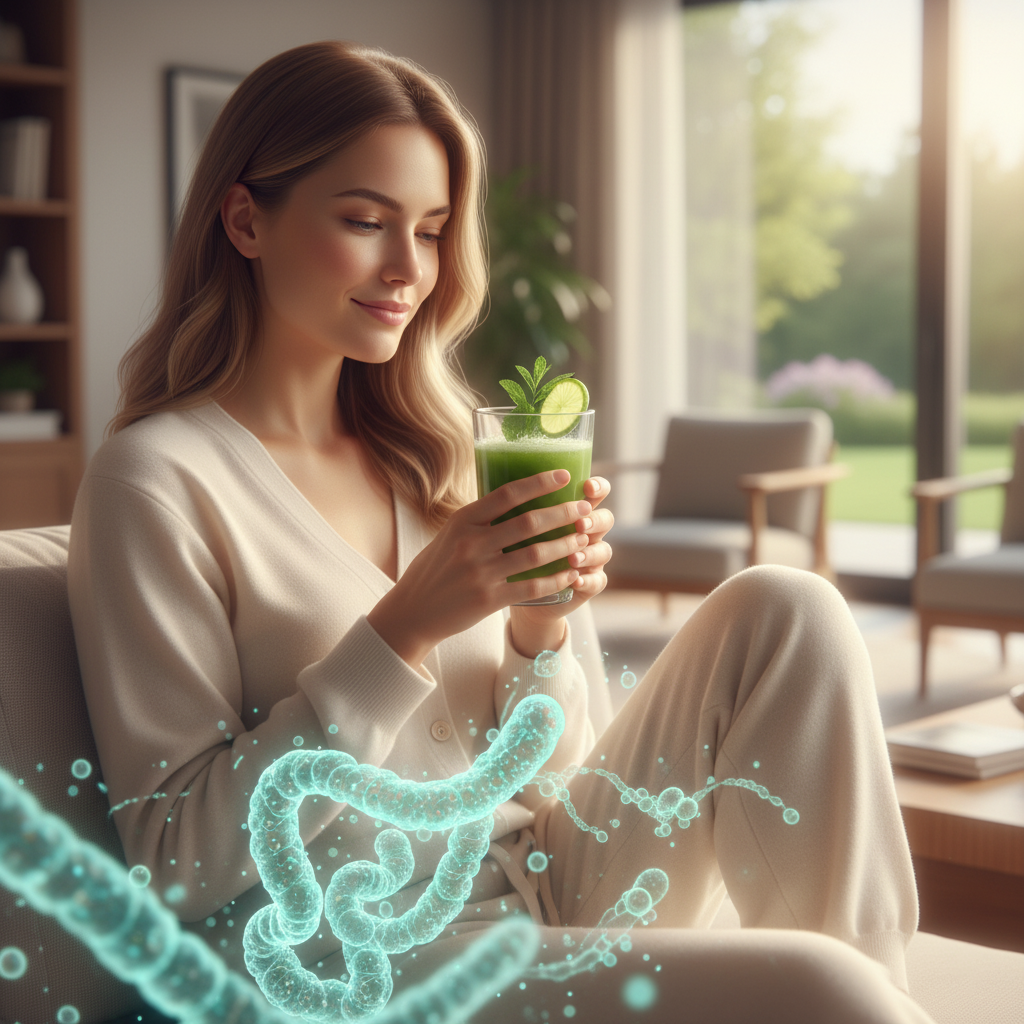 Woman relaxing on a couch, holding a green drink, with glowing blue intestinal model overlay