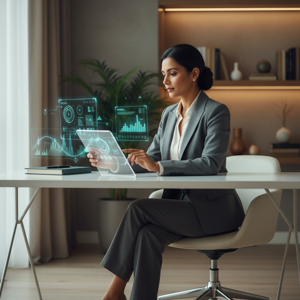 Businesswoman using a tablet with glowing digital performance and data dashboards